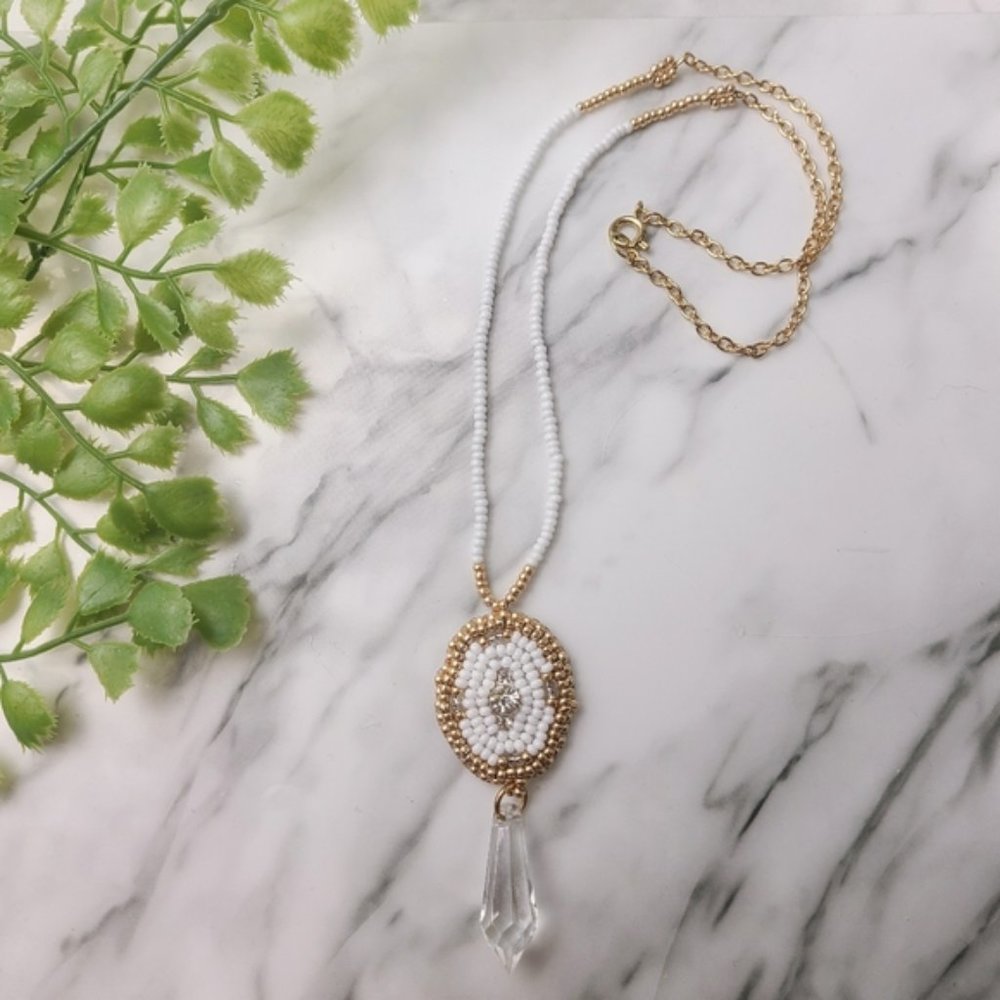 Gold And White Dangle Bohemian Beaded Rhinestone Necklace